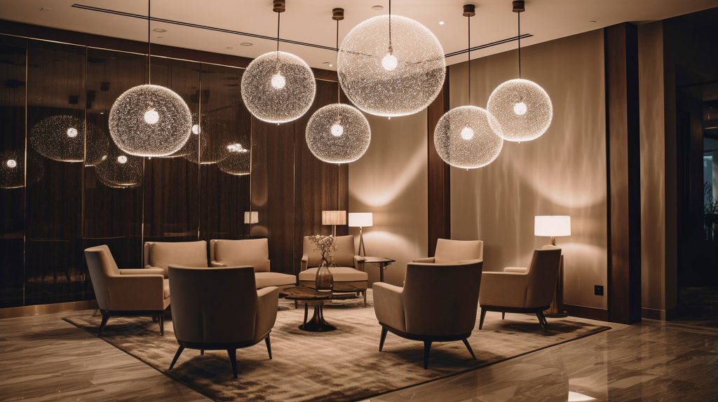 AI-rendered hotel lobby with seating and constellation of globular light fixtures.