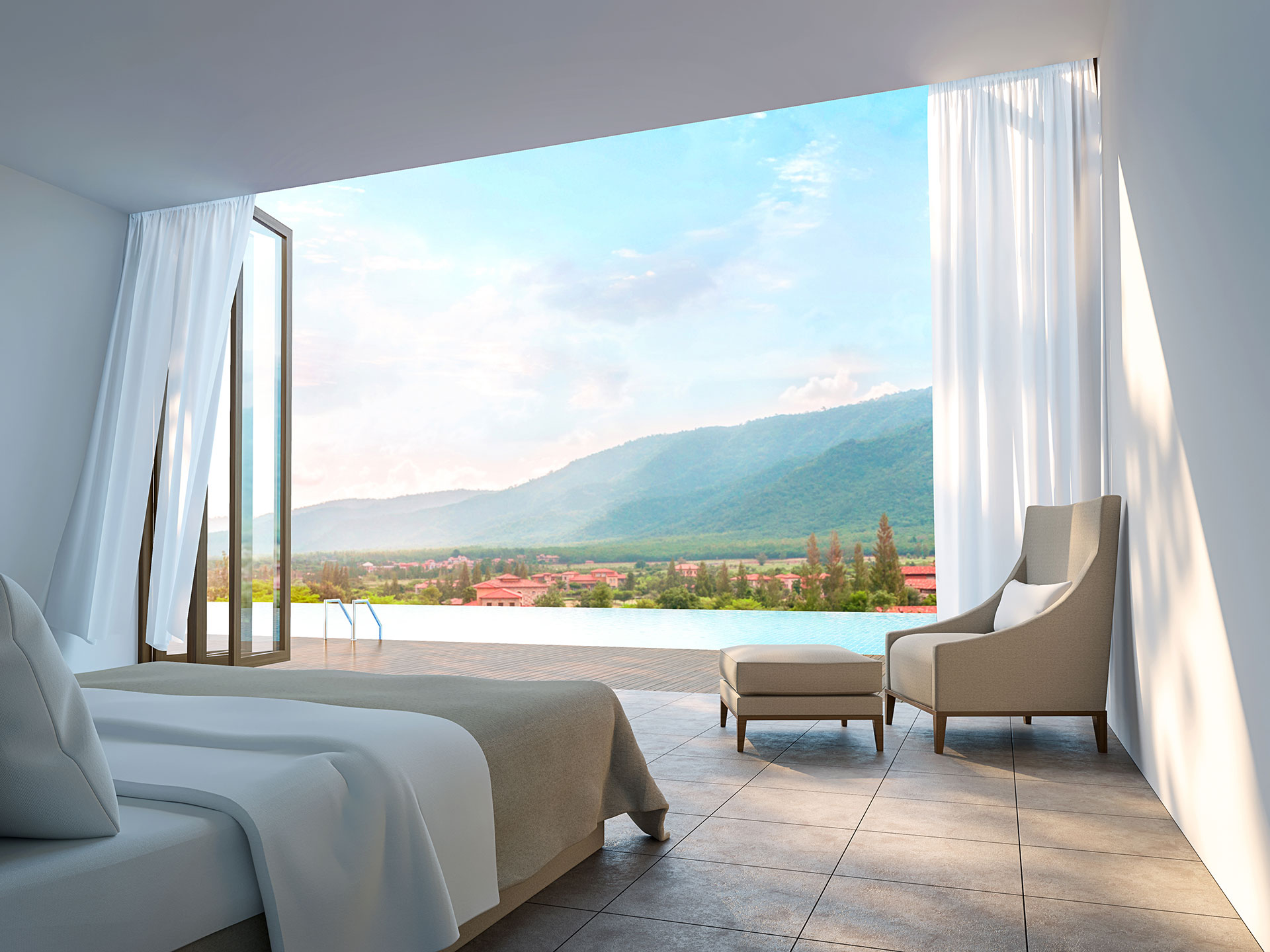 Modern bedroom render with open patio door view of mountains